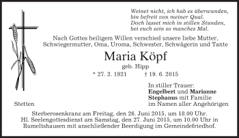 Todesanzeige von Maria Köpf von merkurtz