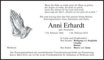 Todesanzeige von Anni Erhardt von MERKUR & TZ