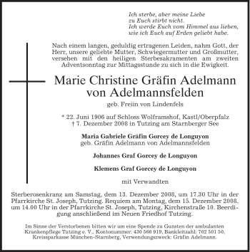 Todesanzeige von Marie Christine Adelmann von Adelmannsfelden von MERKUR & TZ