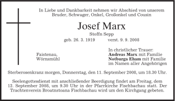 Todesanzeige von Josef Marx von MERKUR & TZ