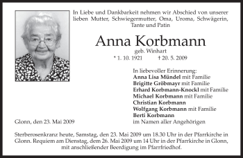 Todesanzeige von Anna Korbmann von MERKUR & TZ