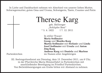 Todesanzeige von Therese Karg von MERKUR & TZ