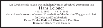 Todesanzeige von Hans Leibner von MERKUR & TZ