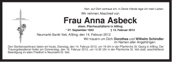 Todesanzeige von Anna Asbeck von MERKUR & TZ