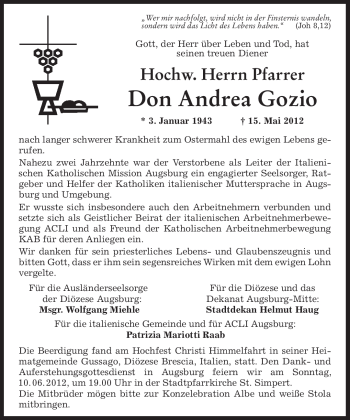 Todesanzeige von Don Andrea Gozio von MERKUR & TZ