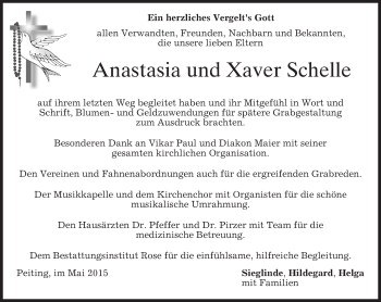 Todesanzeige von Anastasia und Xaver  Schelle von merkurtz