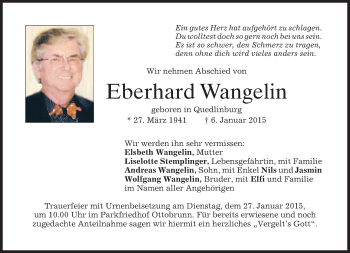 Todesanzeige von Eberhard Wangelin von merkurtz