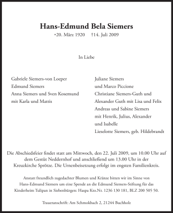 Todesanzeige von Hans-Edmund Bela Siemers von MERKUR & TZ