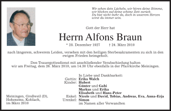 Todesanzeige von Alfons Braun von MERKUR & TZ