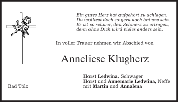 Todesanzeige von Anneliese Klugerz von MERKUR & TZ