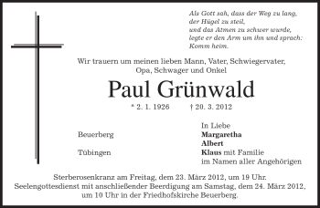 Todesanzeige von Paul Grünwald von MERKUR & TZ