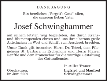 Todesanzeige von Josef Schwinghammer von MERKUR & TZ
