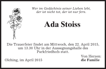 Todesanzeige von Ada Stoiss von merkurtz