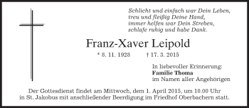 Todesanzeige von Franz-Xaver Leipold von merkurtz