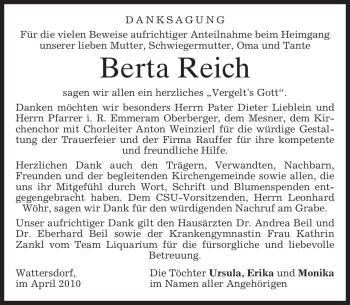 Todesanzeige von Berta Reich von MERKUR & TZ