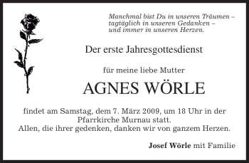 Todesanzeige von Agnes Wörle von MERKUR & TZ