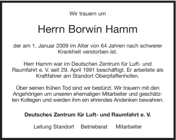 Todesanzeige von Borwin Hamm von MERKUR & TZ