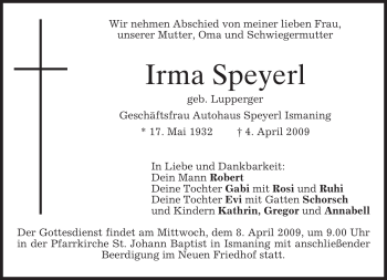 Todesanzeige von Irma Speyerl von MERKUR & TZ