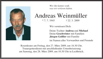 Todesanzeige von Andreas Weinmüller von MERKUR & TZ