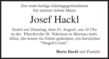 Todesanzeige von Josef Hackl von MERKUR & TZ
