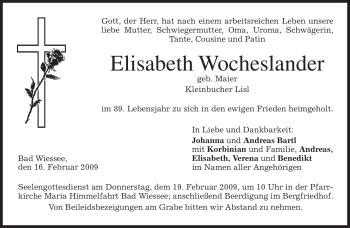 Todesanzeige von Elisabeth Wocheslander von MERKUR & TZ