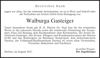 Todesanzeige von Walburga Gasteiger von MERKUR & TZ