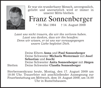 Todesanzeige von Franz Sonnenberger von MERKUR & TZ