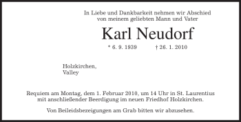 Todesanzeige von Karl Neudorf von MERKUR & TZ