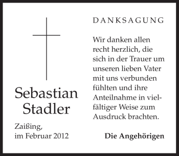 Todesanzeige von Sebastian Stadler von MERKUR & TZ