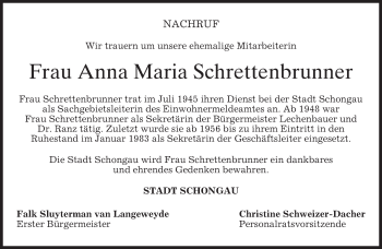 Todesanzeige von Anna Maria Schrettenbrunner von merkurtz
