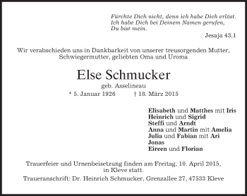 Todesanzeige von Else Schmucker von merkurtz