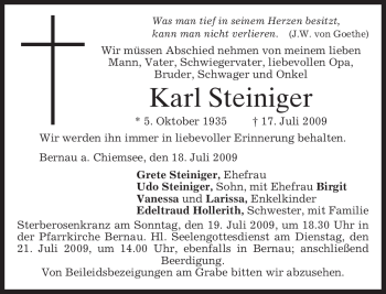 Todesanzeige von Karl Steiniger von MERKUR & TZ