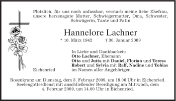 Todesanzeige von Hannelore Lachner von MERKUR & TZ