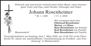 Todesanzeige von Johann Rosenheimer von MERKUR & TZ