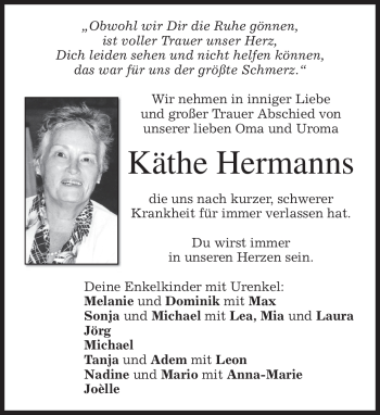 Todesanzeige von Käthe Hermanns von MERKUR & TZ