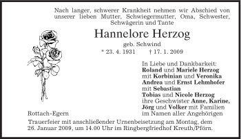 Todesanzeige von Hannelore Herzog von MERKUR & TZ