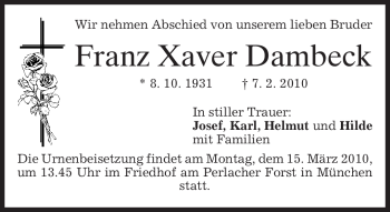 Todesanzeige von Franz Xaver Dambeck von MERKUR & TZ