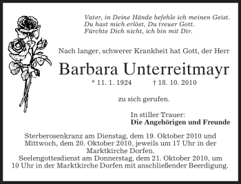 Todesanzeige von Barbara Unterreitmayr von MERKUR & TZ
