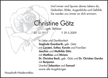 Todesanzeige von Christine Götz von MERKUR & TZ
