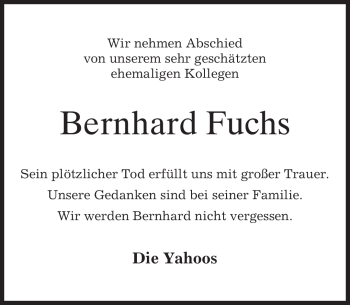 Todesanzeige von Bernhard Fuchs von MERKUR & TZ