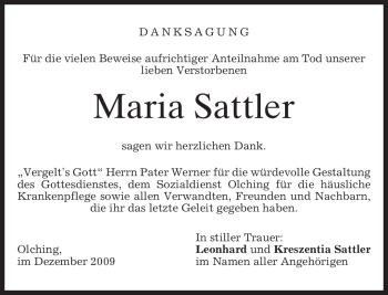 Todesanzeige von Maria Sattler von MERKUR & TZ