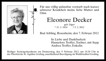 Todesanzeige von Eleonore Decker von MERKUR & TZ