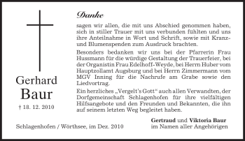 Todesanzeige von Gerhard Baur von MERKUR & TZ