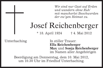 Todesanzeige von Josef Reichenberger von MERKUR & TZ