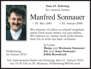 Todesanzeige von Manfred Sonnauer von MERKUR & TZ