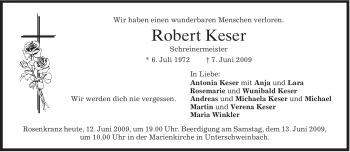 Todesanzeige von Robert Keser von MERKUR & TZ