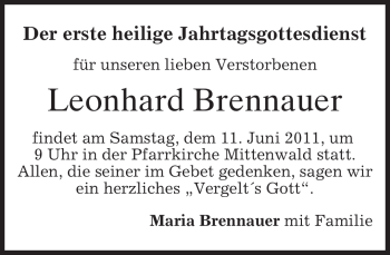 Todesanzeige von Leonhard Brennauer von MERKUR & TZ