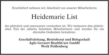 Todesanzeige von Heidemarie List von MERKUR & TZ