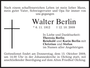 Todesanzeige von Walter Berlin von MERKUR & TZ