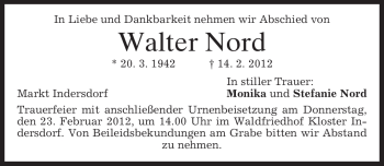 Todesanzeige von Walter Nord von MERKUR & TZ